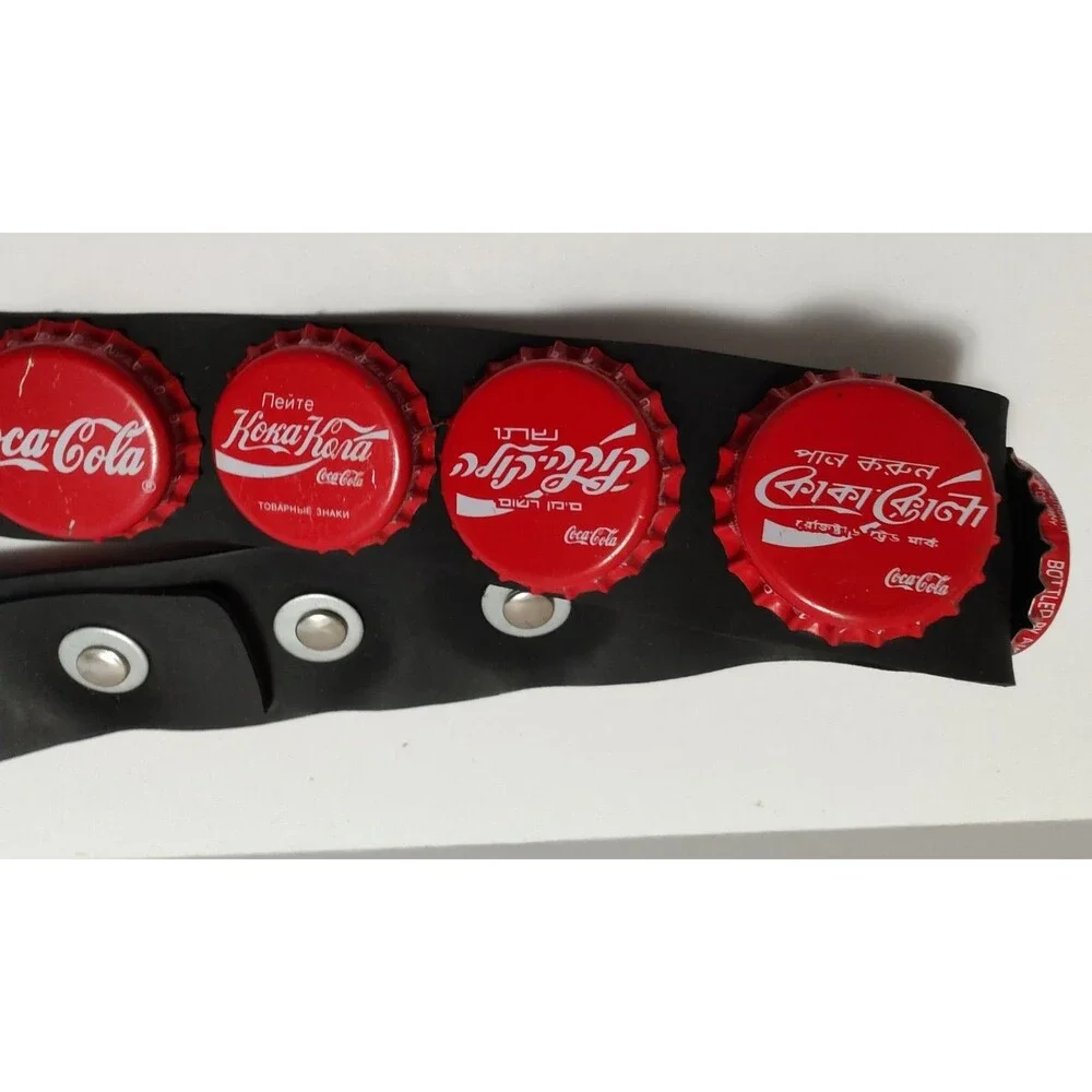 Vintage 90's COKE Rubber Belt  Coca-Cola Global Bottle Caps Chrome Punk Goth